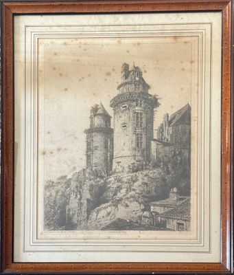 an old picture of a castle with a tower on top of a hill