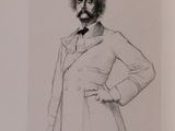 drawing of a man in a suit and tie standing with his hands on his hips