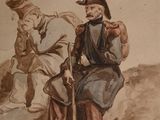 painting of a man sitting on a hill with a child