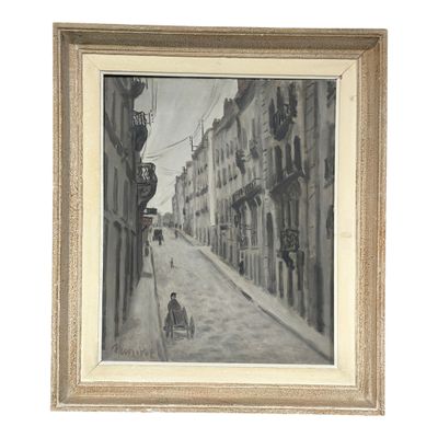 dessin en noir et blanc encadré représentant une scène de rue avec une personne marchant dans la rue