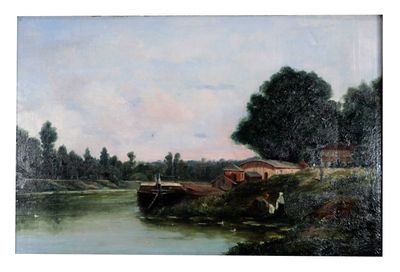 un tableau représentant un bateau sur une rivière, avec une maison en arrière-plan