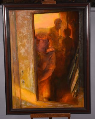 an oil painting of a man and a woman in a doorway