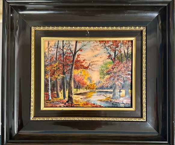 BARDET. Limoges. Email « Rivière en sous-bois ». 16x20. Signé