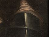 an oil painting of a man wearing a hat and holding a sword