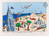 a picture of a painting of a city with a plane flying over it