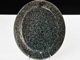 a black and green plate on a stand on a white surface