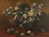 a painting of a vase of flowers on a table