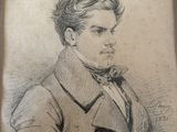 an old drawing of a man in a suit with a bow tie