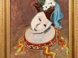 an oil painting of a vase with flowers in it on a table