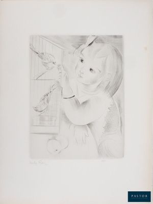 dessin au crayon représentant une petite fille regardant un oiseau dans une cage