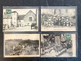 four old black and white photos of people and horses in front of a building