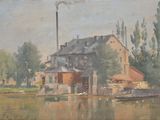 painting of a house on the water with a boat in front of it
