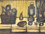 a painting of a still life with bread, fruit, and other items