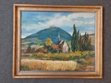 peinture représentant un paysage avec, en arrière-plan, une église sur une colline