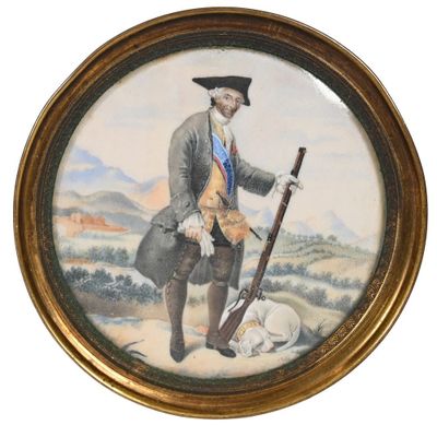 tableau représentant un homme avec un fusil et un chien dans un champ