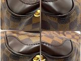 four pictures of a brown and black purse with a gold handle