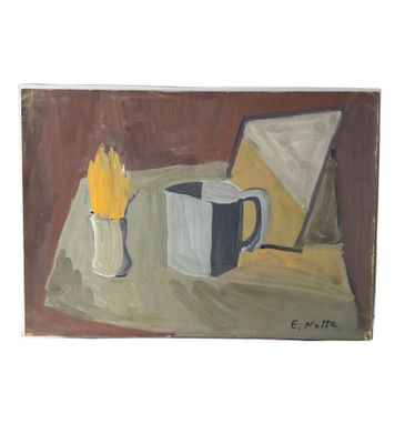 un tableau représentant une tasse à café et un vase posés sur une table