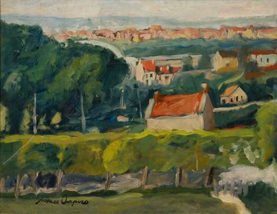 une peinture à l'huile représentant une vue d'une ville depuis une colline