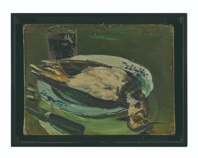 une peinture représentant un canard sur une assiette, avec un verre