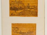 an old book with two pictures of a village and a building
