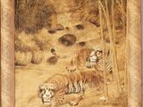 painting of two tigers in a wooded area by a stream