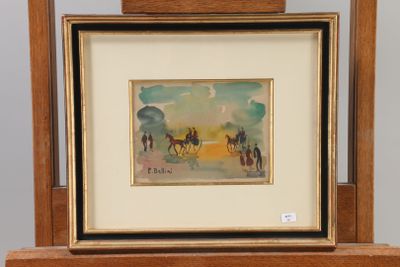 painting of a horse and rider in a landscape with a sunset in the background