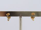a pair of gold earrings hanging from a metal bar