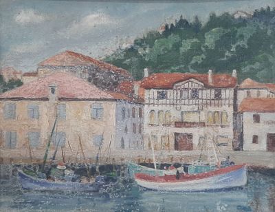 a painting of a boat in the water near a building
