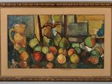 une peinture représentant des fruits et un vase posés sur une table