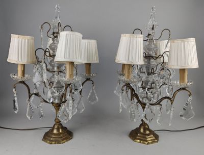 pair of antique brass and crystal table lamps with shades