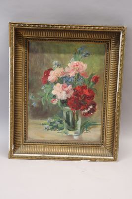 a painting of flowers in a vase on a table