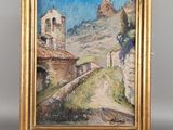 une peinture à l'huile représentant un paysage de montagne avec une église en arrière-plan