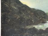 an oil painting of a person on a surfboard on a rocky beach