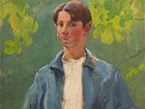 une peinture à l'huile représentant un homme vêtu d'une veste bleue, debout devant un arbre
