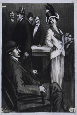 dessin représentant un homme et une femme assis à une table face à un groupe d'hommes