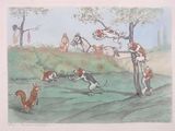 un tableau représentant un chien poursuivant un renard dans un champ