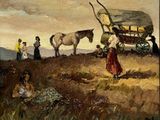 a painting of people and a horse in a field