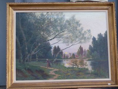 M. PRUDHOM(N?) (XIX-XX) - Village près du lac - huile sur to…