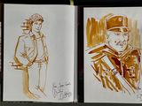 three drawings of a woman in a hat and a man in a suit