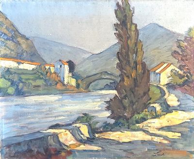 painting of a painting of a river with houses in the background