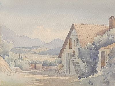 une aquarelle représentant une maison avec un clocher