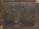 painting of an old wooden frame with a rope hanging from it ' s side