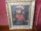 painting of a woman in a red hat and red coat holding a cane