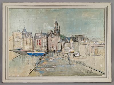 an image of a painting of a city with a boat in the water