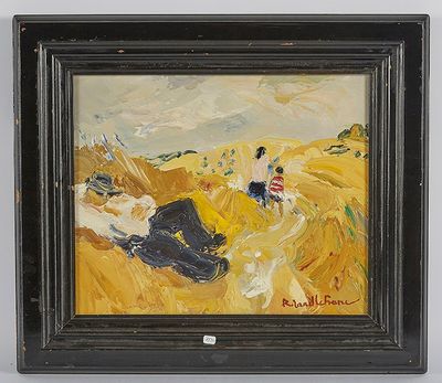 une peinture à l'huile représentant deux personnes dans un champ avec un chien