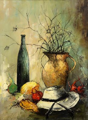 une peinture représentant un vase de fleurs et de fruits sur une table