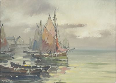 many boats on the water with a sky in the background