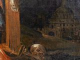 an image of a painting of jesus on the cross with a skull in the foreground