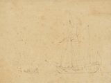 un vieux dessin représentant un bateau dans l'eau, avec un autre bateau en arrière-plan