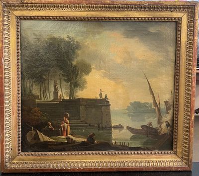 painting of a man and a woman in a boat on a river